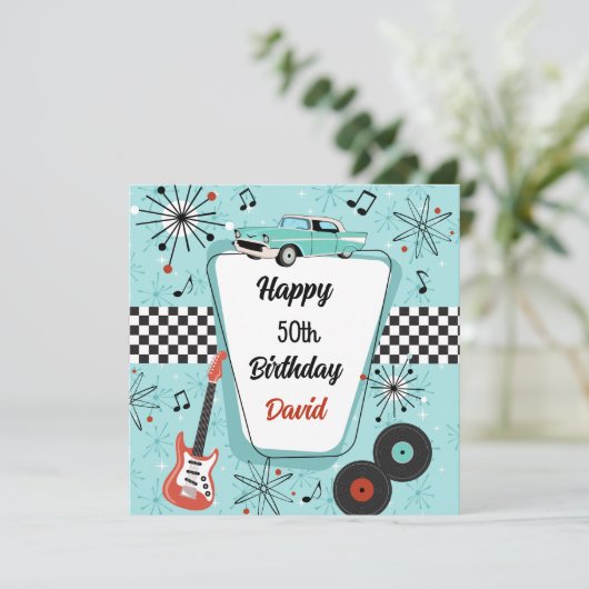 1950's Retro Blue & Red Birthday Card Kaart (Staand voorkant)