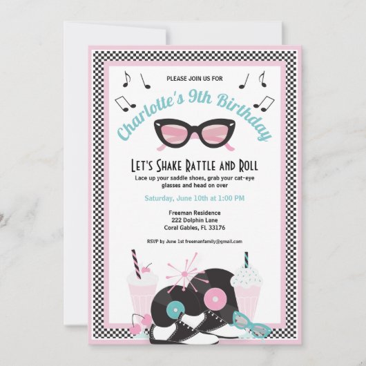 1950s Retro Diner Verjaardag Uitnodiging | Roze en (Voorkant)