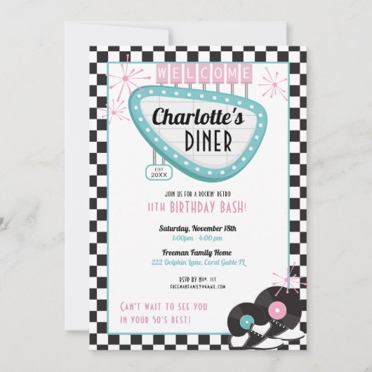 1950s Retro Diner Verjaardag Uitnodiging - Sock Ho (Voorkant)