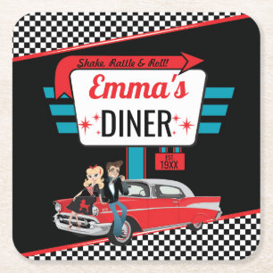 1950's Retro Diner Zwart / Rode Verjaardag Party Kartonnen Onderzetters