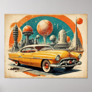 1950s Retro Futurisme Auto Brandstofstation Poster