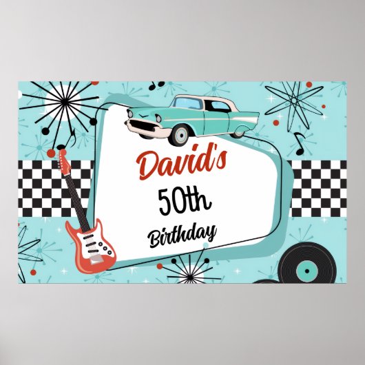 1950's Retro Red & Blue Birthday Party  Poster (Voorkant)