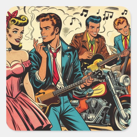 1950s Retro Rock-'n-Rollstrips Vierkante Sticker (Voorkant)