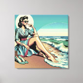 1950's Retro Woman Zittend op het strand Canvas Afdruk (Voorkant)