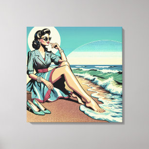 1950's Retro Woman Zittend op het strand Canvas Afdruk