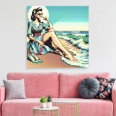 1950's Retro Woman Zittend op het strand Canvas Afdruk (Insitu (Woonkamer))