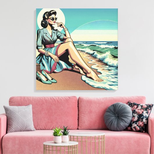1950's Retro Woman Zittend op het strand Canvas Afdruk (Insitu (Woonkamer))