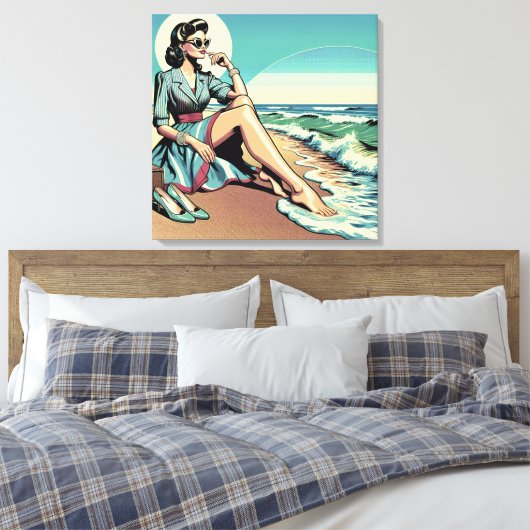1950's Retro Woman Zittend op het strand Canvas Afdruk (Insitu (Slaapkamer))
