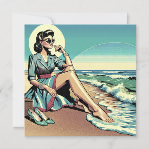 1950's Retro Woman Zittend op het strand Kaart