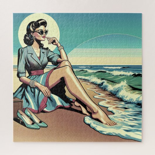 1950's Retro Woman Zittend op het strand Legpuzzel (Verticaal)