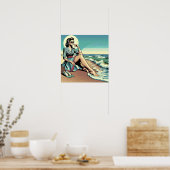 1950's Retro Woman Zittend op het strand Poster (Keuken)
