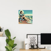 1950's Retro Woman Zittend op het strand Poster (Thuiskantoor)
