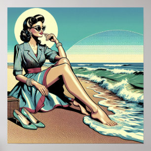1950's Retro Woman Zittend op het strand Poster