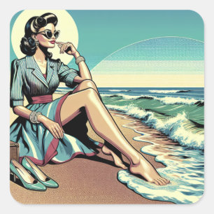 1950's Retro Woman Zittend op het strand Vierkante Sticker