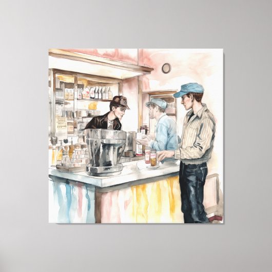 1950s Soda Shop Waterverf Canvas Art Print (Voorkant)