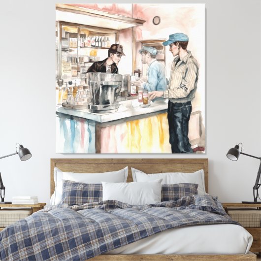 1950s Soda Shop Waterverf Canvas Art Print (Insitu (Slaapkamer))