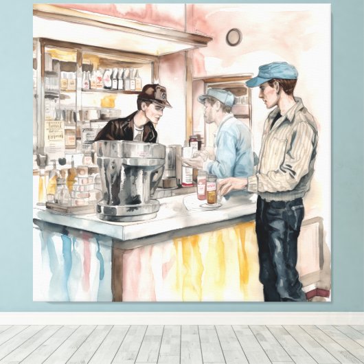 1950s Soda Shop Waterverf Canvas Art Print (Insitu (Houten vloer))