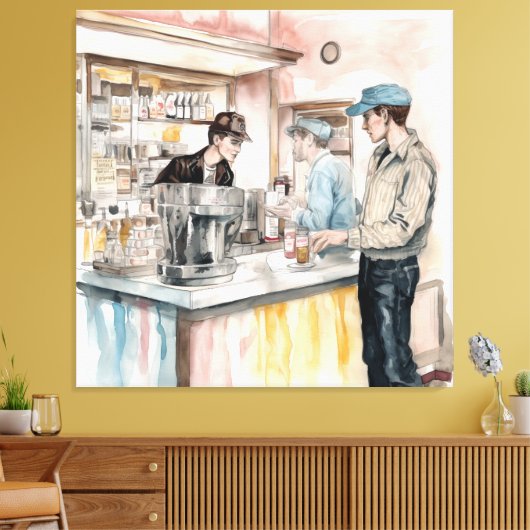 1950s Soda Shop Waterverf Canvas Art Print (Insitu (Woonkamer))