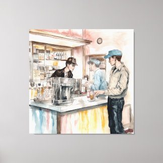 1950s Soda Shop Waterverf Canvas Art Print