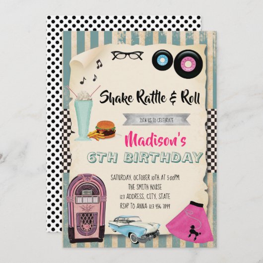 1950s verjaardagsfeest uitnodiging (Voorkant / Achterkant)