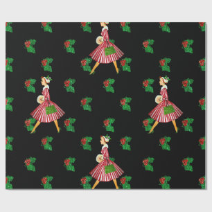 1950s Vintage Christmas Lady Zwart Cadeaupapier