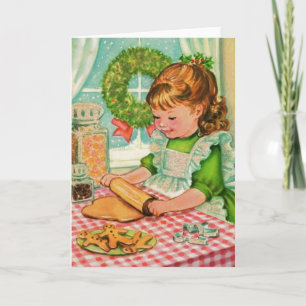 1950's Vintage-kerstmeisjes die koekjes bakken Feestdagen Kaart