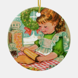 1950's Vintage-kerstmeisjes die koekjes bakken Keramisch Ornament