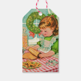 1950's Vintage Kerstmis Meisje Bakken Cookies Cadeaulabel