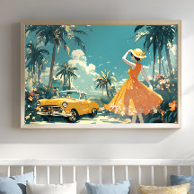 1950s Vintage Summer Travel Poster, Retro Tropical