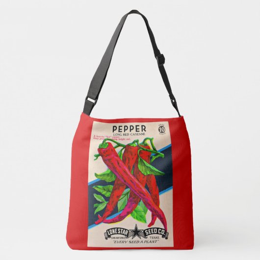 1950s zaadpakket kayenne peper print crossbody tas (Achterkant)