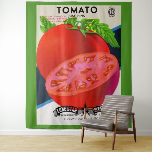 1950s zaadpakket tomaten afdrukken wandkleed (In situ)