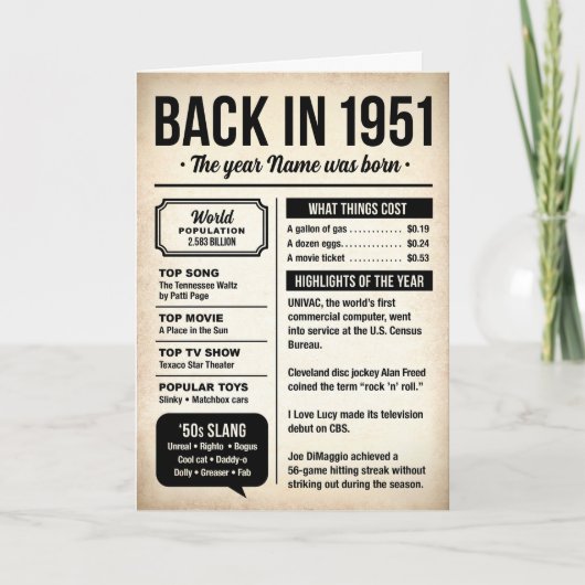 1951 Back in the Day, Fun Facts, 75th Birthday Kaart (Voorkant)