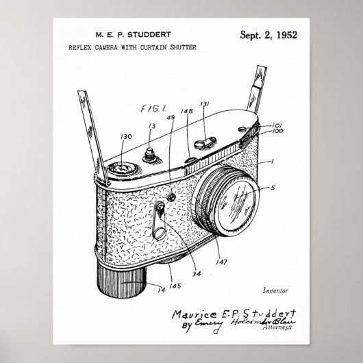 1952 Reflex Camera Patent Art Drawing Print (Voorkant)