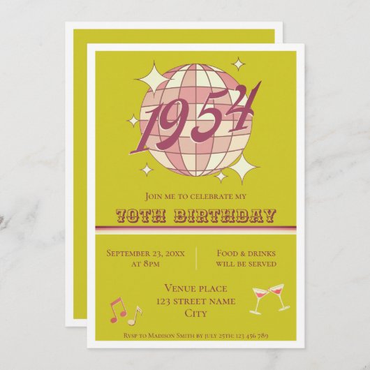 1954 70e verjaardag groen feestje Uitnodiging (Voorkant / Achterkant)