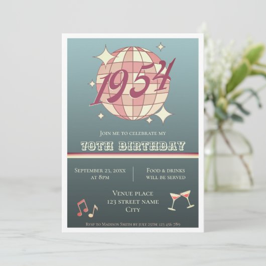 1954 70ste verjaardag retro blauw gr Invitatio Kaart (Staand voorkant)