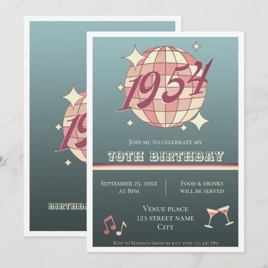 1954 70ste verjaardag retro blauw gr Invitatio Kaart (Voorkant / Achterkant)