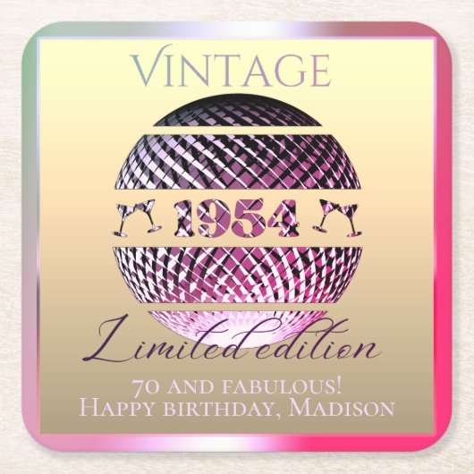 1954 70ste verjaardag roze kartonnen onderzetters (Voorkant)