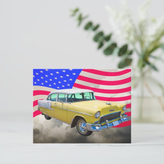1955 Chevrolet Bel Air met Amerikaanse vlag Briefkaart (Staand voorkant)