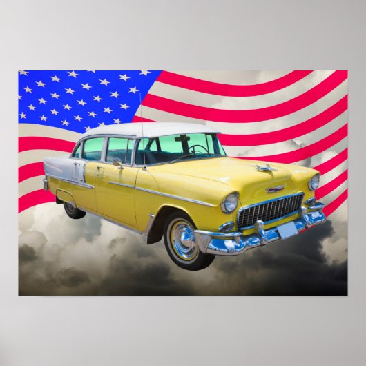 1955 Chevrolet Bel Air met Amerikaanse vlag Poster (Voorkant)