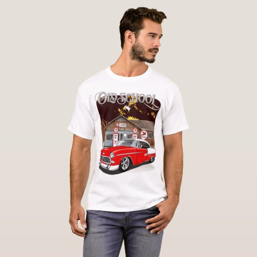 1955 Oude Rood- en Witte Chevrolet Bel Air T-shirt (Voorkant volledig)