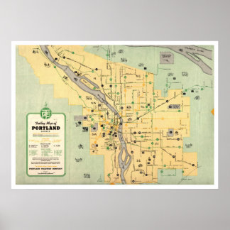1955 Portland Oregon Trolley Streetcar Map Poster