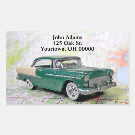 1955 retro auto op wegenkaart rechthoekige sticker (Voorkant)