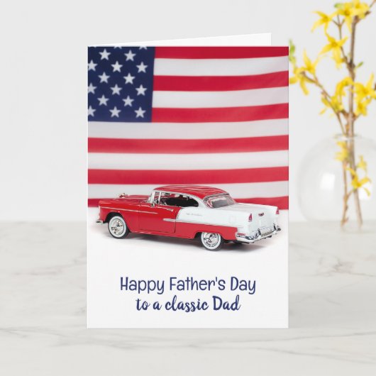 1955 Rode en witte auto Vaderdag Kaart (Gele Bloem)