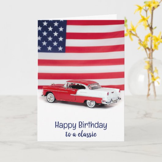 1955 Rode en witte auto Verjaardag Kaart (Gele Bloem)
