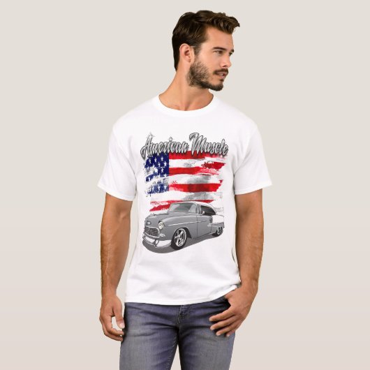 1955 Silver Grey and White Bel Air American Muscle T-shirt (Voorkant volledig)