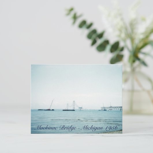 1956 Bouw van de Mackinac Bridge Michigan Briefkaart (Staand voorkant)