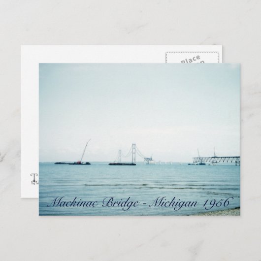 1956 Bouw van de Mackinac Bridge Michigan Briefkaart (Voorkant / Achterkant)