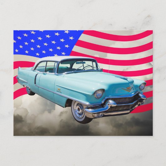 1956 Sedan Deville Cadillac en Amerikaanse vlag Briefkaart (Voorkant)