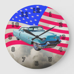 1956 Sedan Deville Cadillac en Amerikaanse vlag Grote Klok