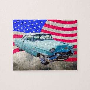 1956 Sedan Deville Cadillac en Amerikaanse vlag Legpuzzel